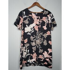 Nicole Miller Womens L Black Linen Blend Floral Print Short Sleeve Dress